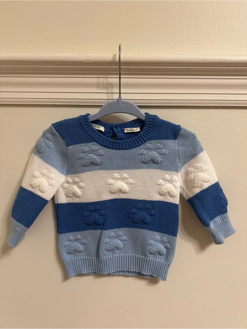 United Colors of Benetton Striped Blue & White Baby Sweater with Paw Knit